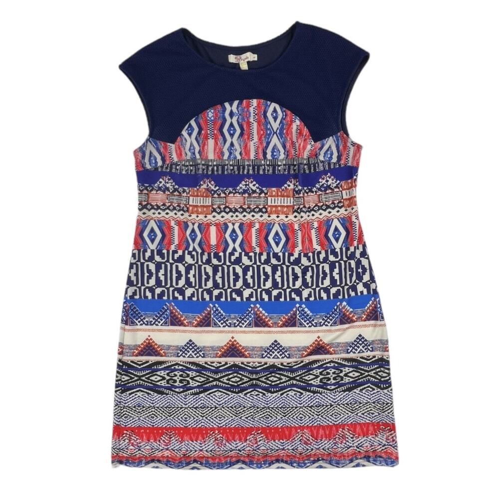 Anthropologie Aryeh Dress Colorful Blue Aztec Strip Print Cap Sleeve Womens L